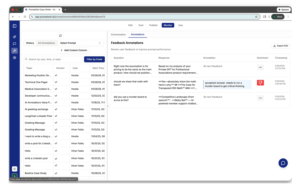 PromptOwl Annotations Monitoring Interface