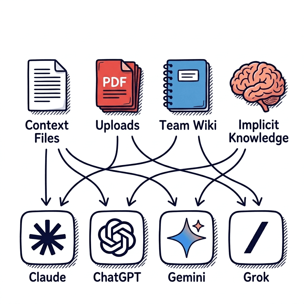 Context files, uploads, a team wiki and unwritten knowledge each feed Claude, ChatGPT, Gemini and Grok separately, with crossing arrows.