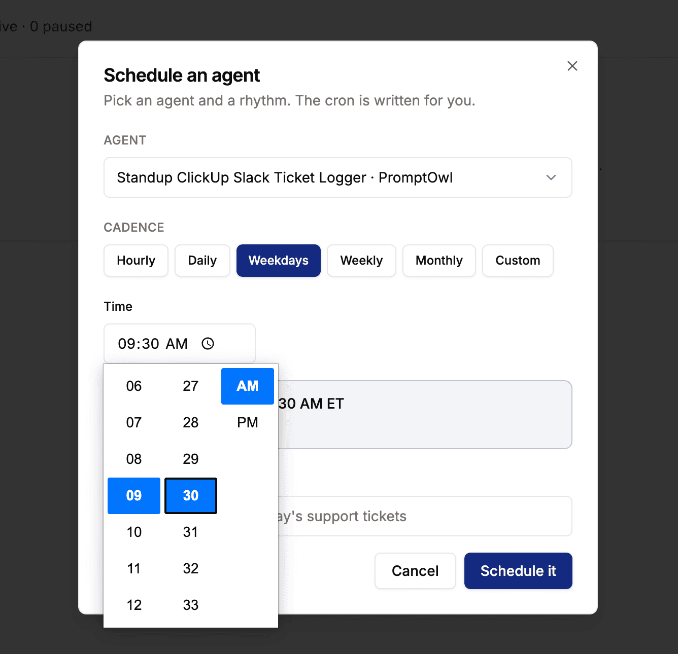 PromptOwl Scheduler configuration interface