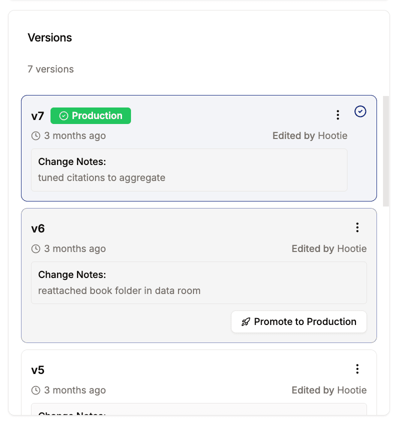 Version history showing each approved change to a governed document