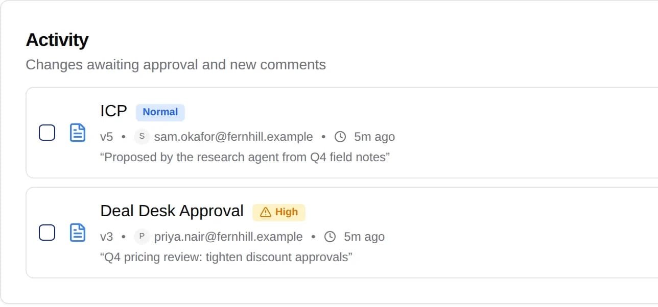 ContextNest review queue: two proposed changes waiting for an owner's approval, one proposed by a research agent