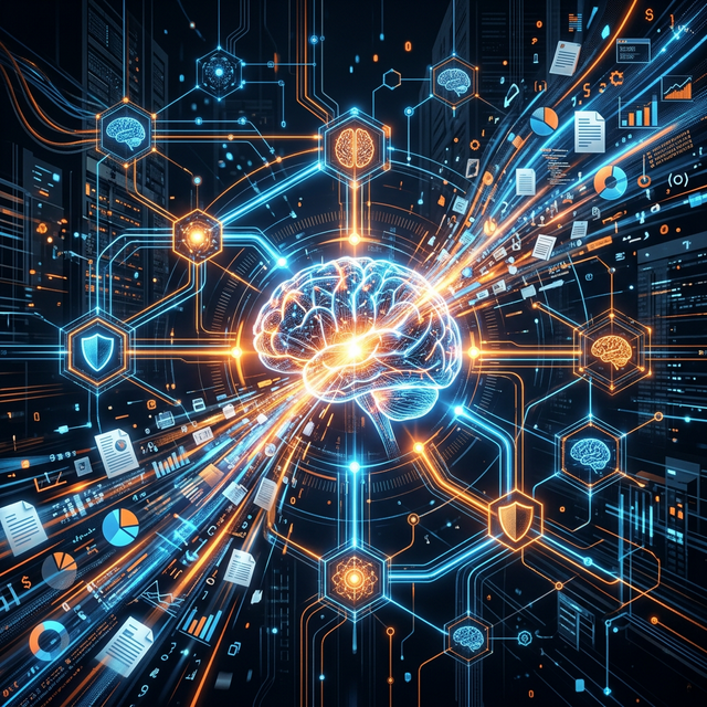 A glowing image of topics like campaigns, content, analytics, customers and more imposed over a digital brain.