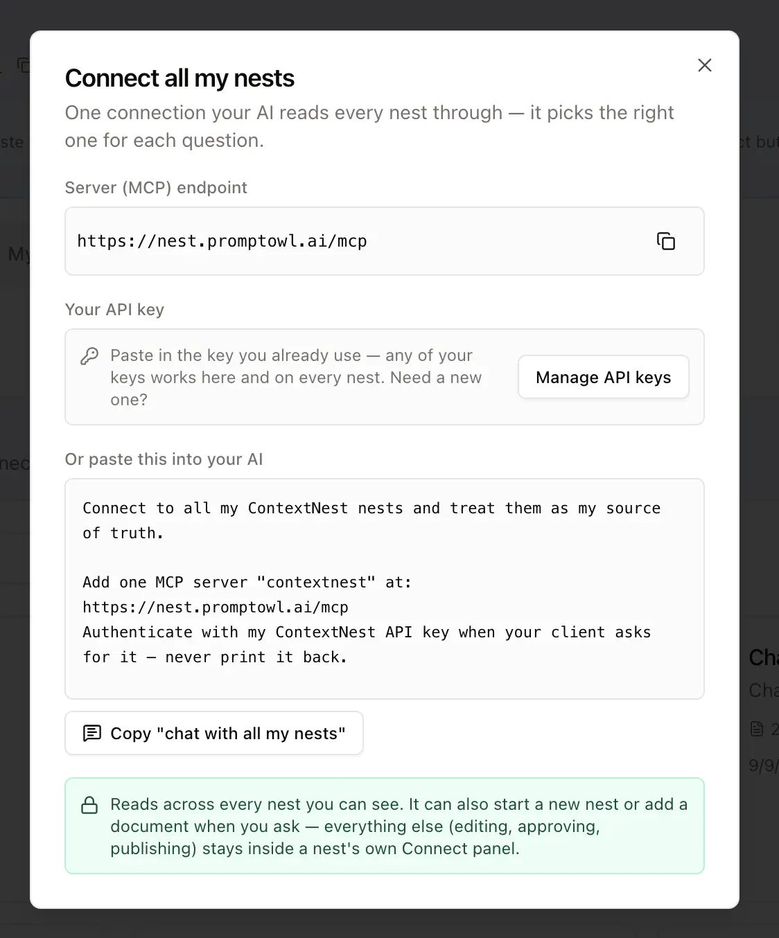 The Connect All My Nests screen — paste your existing API key once, or paste a ready-made prompt into your AI client to do the same setup for you.